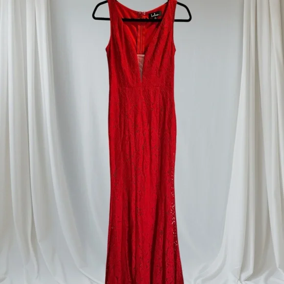 Lulu's Red Sleeveless Plunge Neck Maxi Gown for Cocktail - Picture 3 of 10